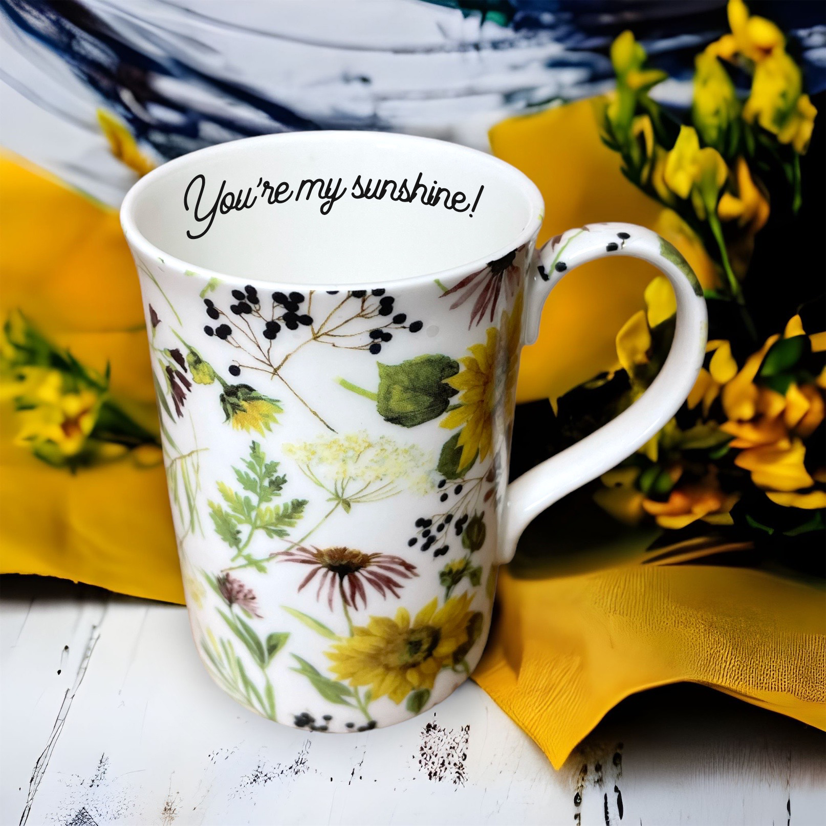 sunflower chintz personalised fine bone china mug